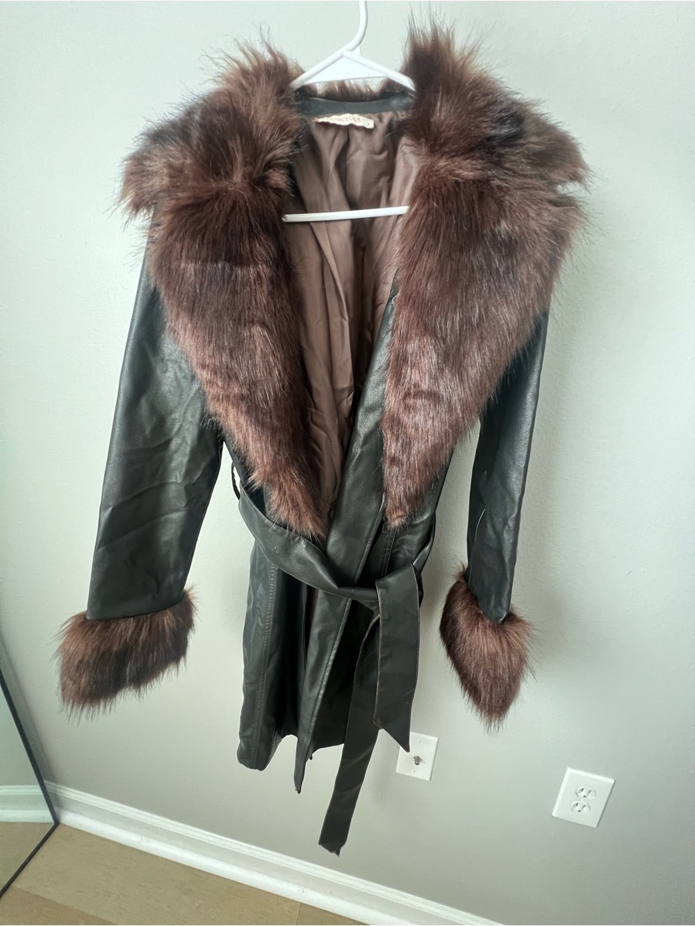 Olivaceous Dark Brown Leather Coat with Brown Faux Fur Trim